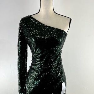 LULUS Women's Forest Green Deja Vu Sequin One-Shoulder Dress Sz M